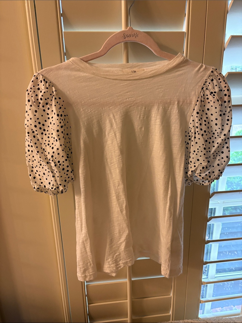 T.La White Tee with Black Polka Dot Puff Sleeves